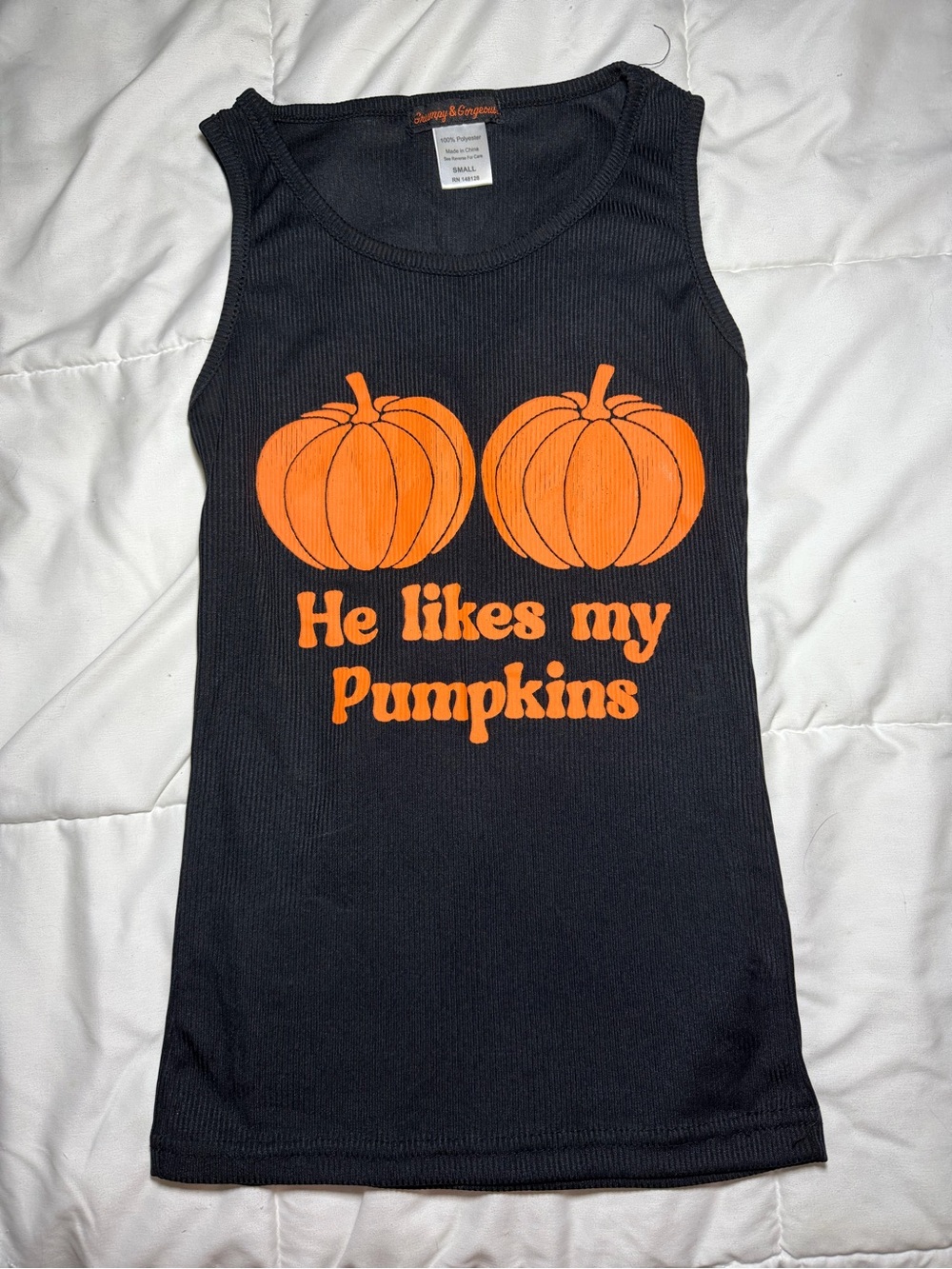 Women's Black Tank Top with Orange Pumpkin Graphic - He Likes My Pumpkins